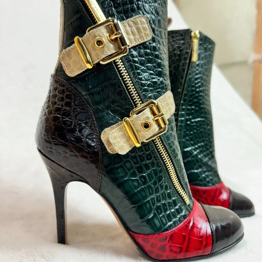 Luciano Padovan Womens Boots High Heel Shoes Red & Green Crocodile Italy Size 36 - Picture 8 of 16